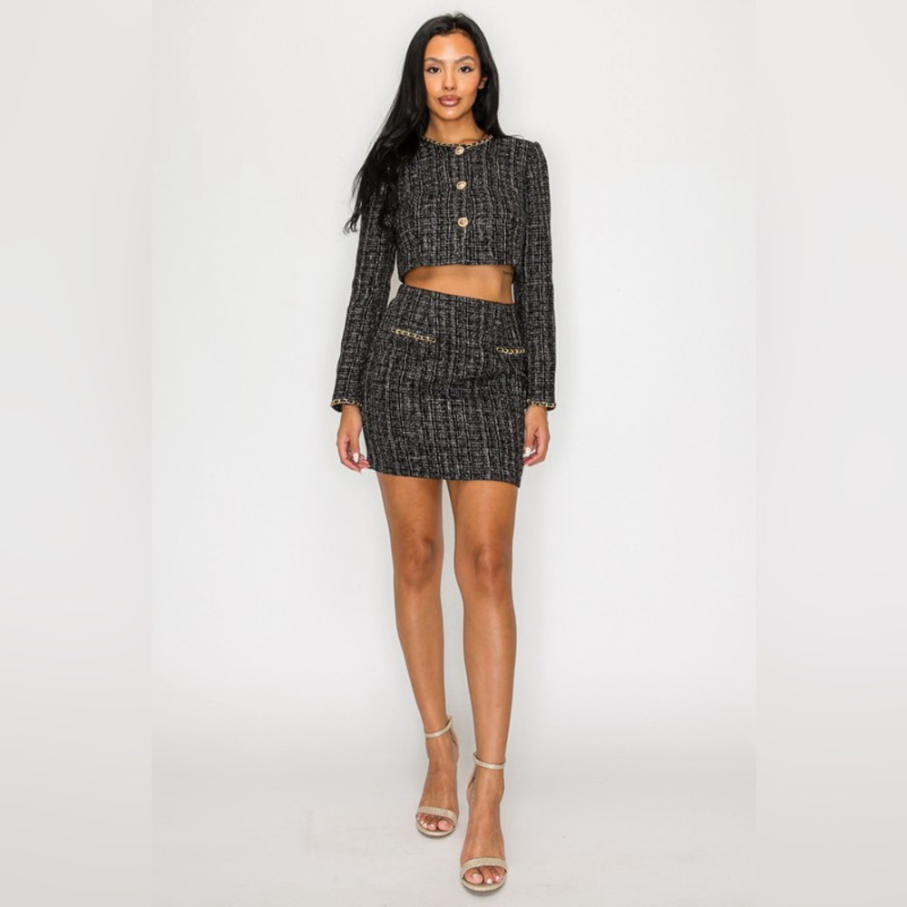 09. Tweed Gold Button Chain Trim Blazer and Skirt Set in Black
